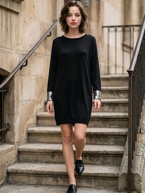 Moda International Black Long-Sleeve Shift Dress with Sequin Cuffs